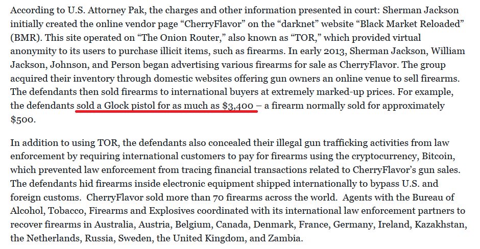 Georgia-based arms trafficker sold more than 70 firearms on the Darknet, including a Glock for $3400.  