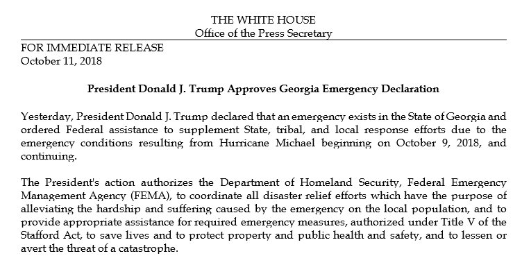 President Trump declares state of emergency in Georgia following Tropical Storm Michael.   