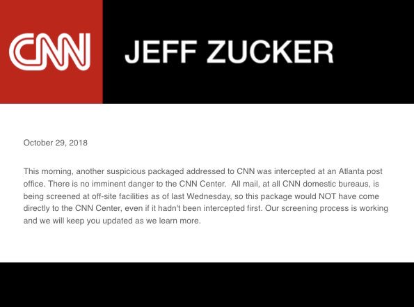 Another suspicious package addressed to CNN has been intercepted. This time in Atlanta. All mail is being screened off site. 