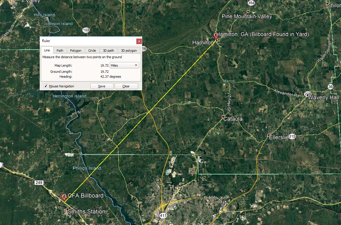 .@USTornadoes: We have found evidence that the Lee Co. Flea Market billboard along US Hwy. 280 traveled 20 miles(.) in today's Lee County, GA Tornado. It was torn off N of Smith Station, AL and landed 20 miles to the NE in Hamilton,GA. alwx gawx   