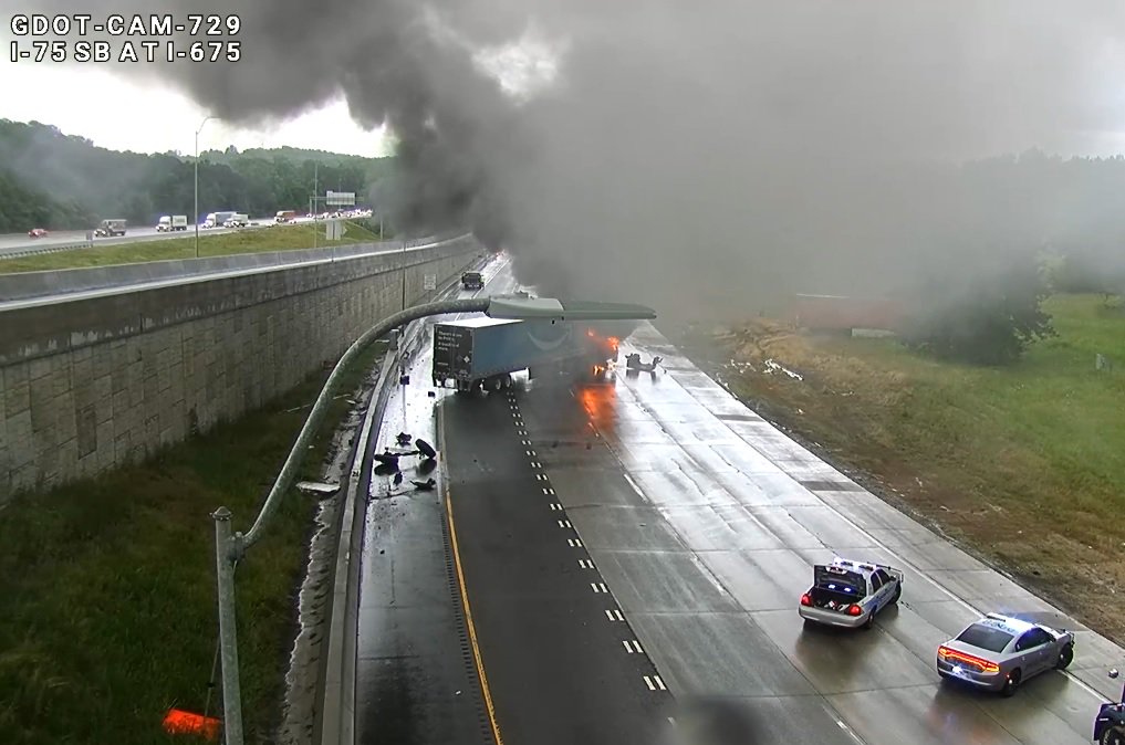 The rig that's on fire has I-75sb shut down at I-675. Looks like this one hit another tractor trailer over to the right.