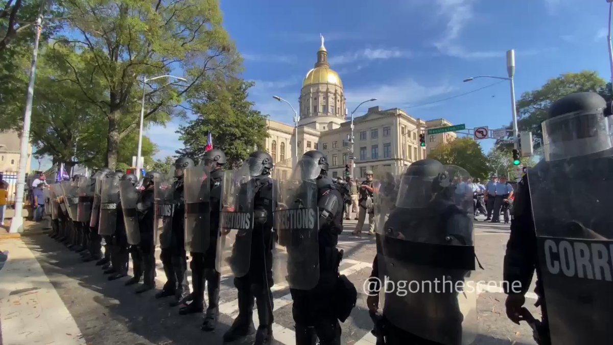 Line of riot police taking up position in Atlanta  at the Stop the Steal protest  Atlanta Georgia 