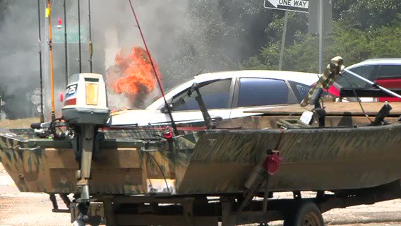 A car fire has a lane exiting J.R. Allen Pkwy onto River Rd. in Columbus blocked. No injuries have been reported