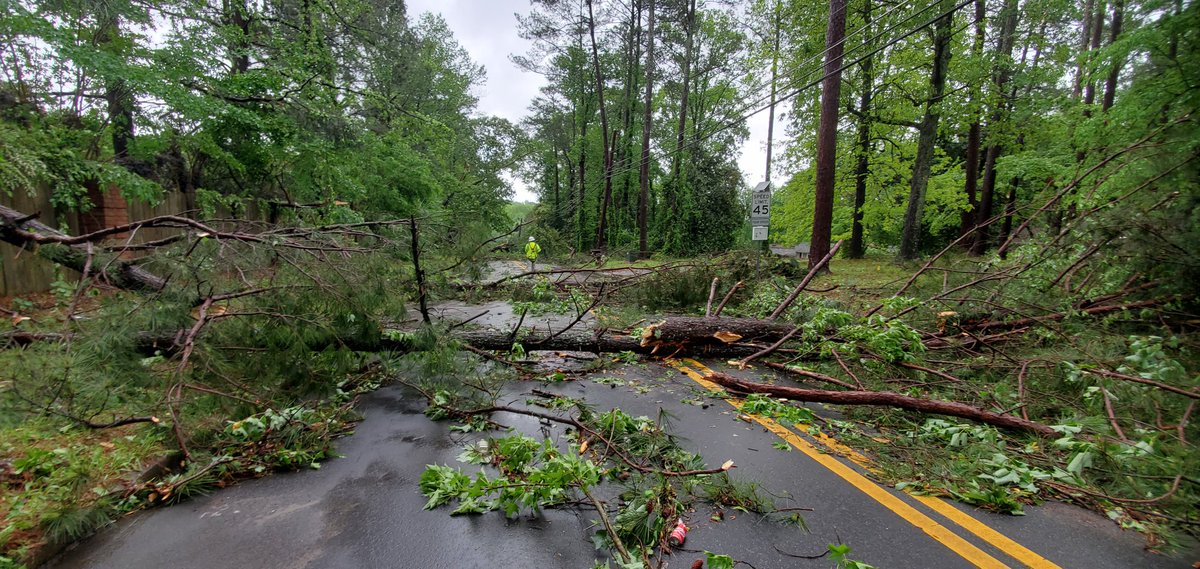 Storm and tornado damage in South Fulton near Atlanta. Trees on homes and trees across the street on Cascade Rd 