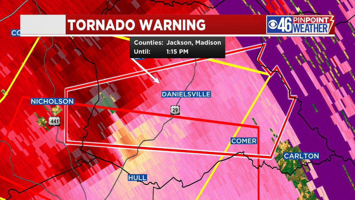 Rotation moving east at 35 mph toward Danielsville. Tornado warning continues for Jackson & Madison counties until 1:15 PM
