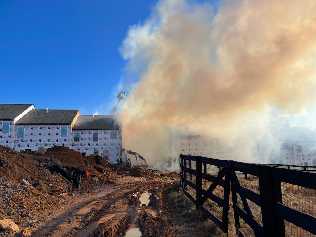 Firefighters battled an intense blaze this morning at a townhome community in the 1800 block of Shetley Creek Drive in Norcross. The townhomes were under construction. No injuries reported and the cause of the fire was ruled accidental