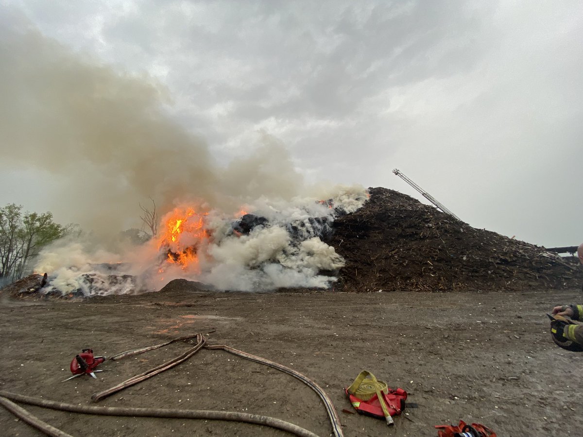 The Savannah Fire Department is extinguishing a wood chip fire at a recycling center in the 1900 Block of Louisville Rd