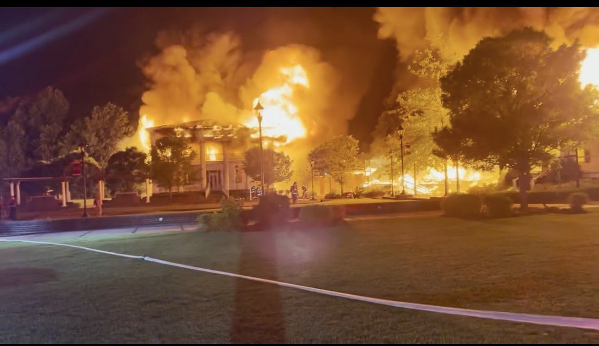 fire at The District in Morrow   3 buildings destroyed.  Setback for City - trying to make area a destination. Some buildings, trucked in from across state, date back 150 years.   $10,000 reward eyes