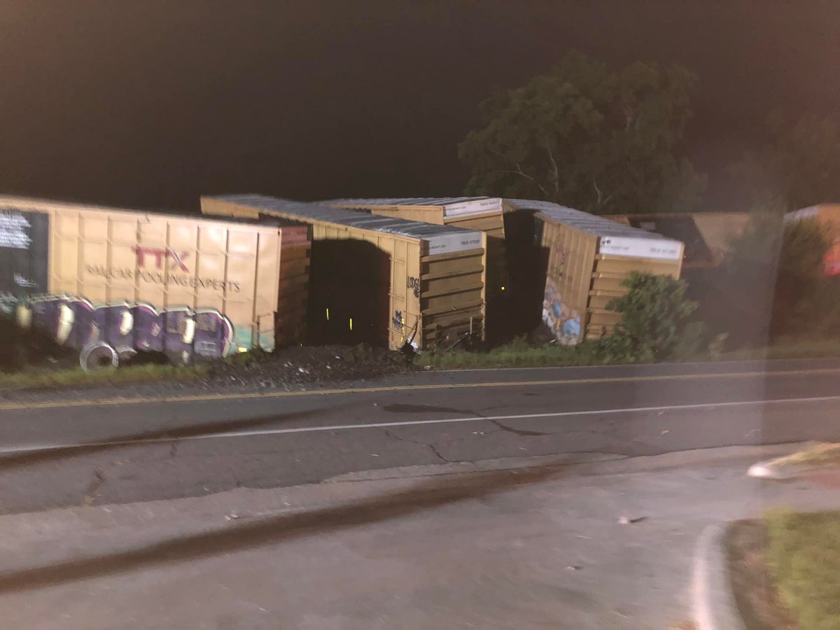 A train has derailed near Waycross, GA. This is on Jamestown Rd. Photos from Ware Co. Sheriff's Office  Info from CSX: no one reported hurt, 19 train cars derailed, a massive cleanup right now, no hazardous materials being carried