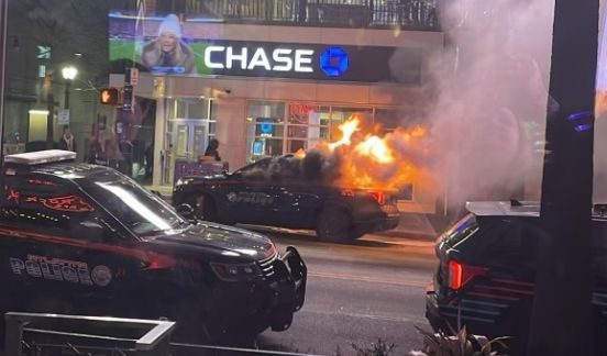 Six people have been arrested after violent protests in downtown Atlanta saw an APD car set on fire and businesses damaged