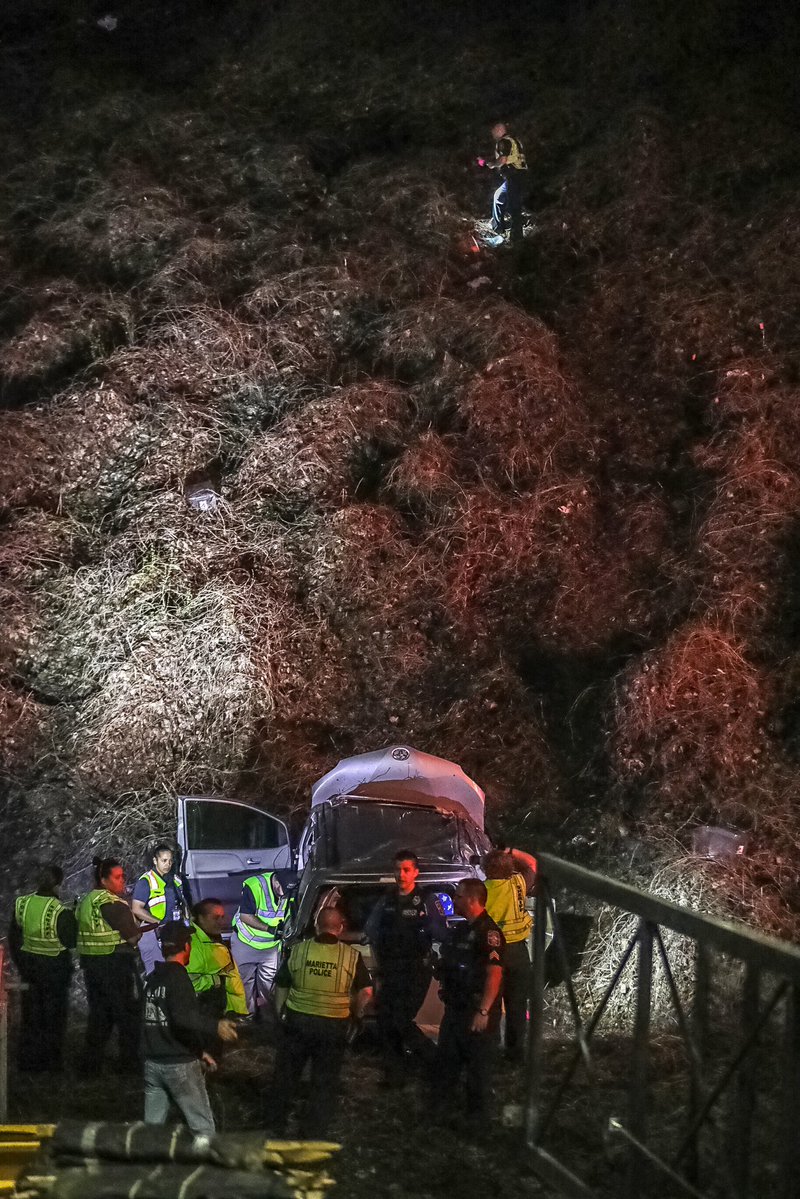 One dead, one injured after vehicle leaves I-75 NB down embankment near Bells Ferry in Marietta 