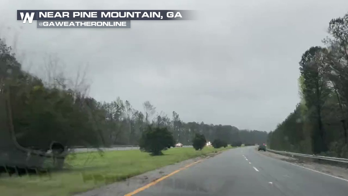 Video shows tree damage and power pole damage following a tornado-warned storm that crossed I-185 near Pine Mountain, GA earlier Sunday morning