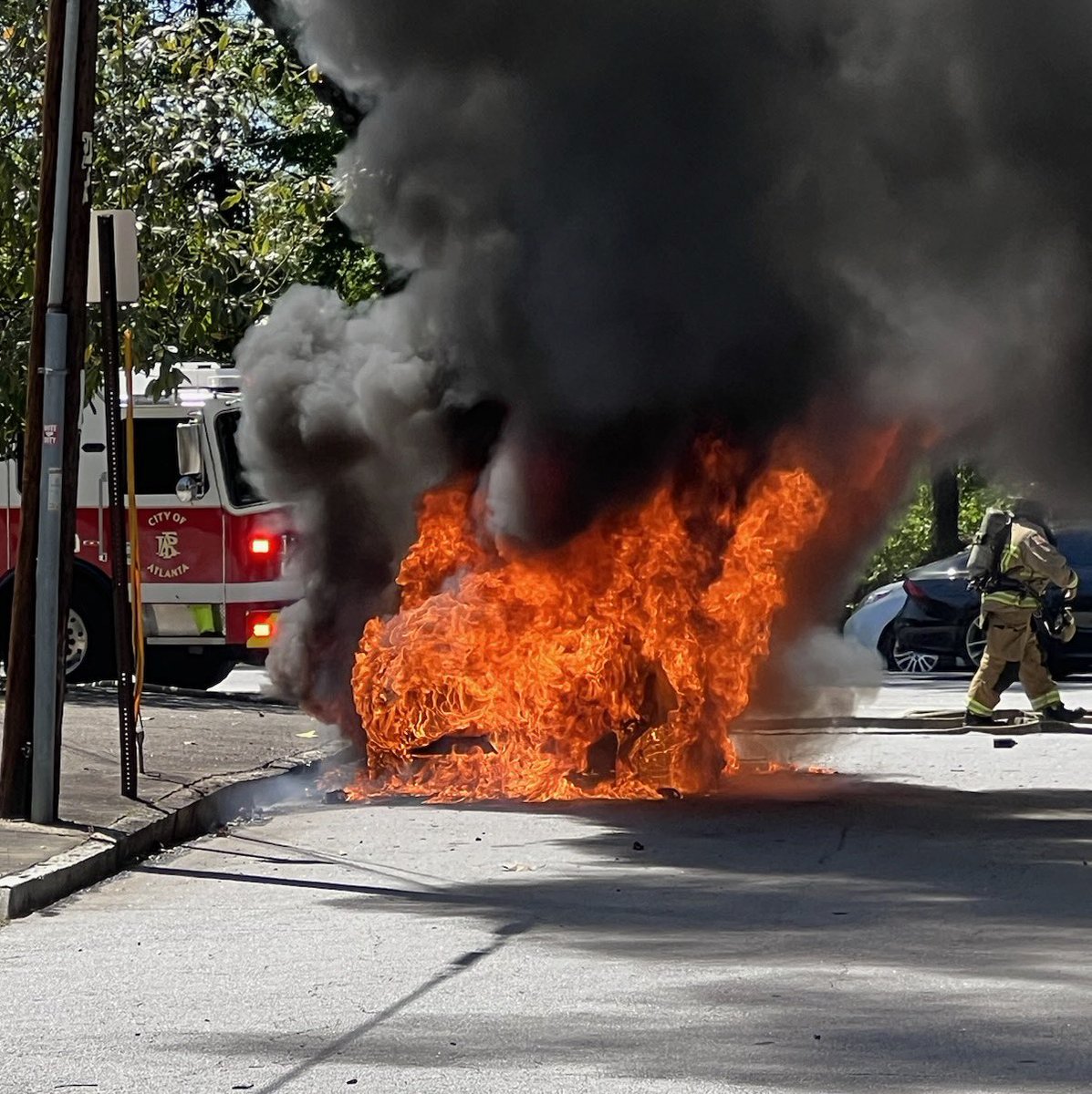 Atlanta Fire officials say a car erupted in flames near the Peachtree Battle shopping center Tuesday afternoon. One person was found dead in the vehicle. Fire investigators are trying to determine how it happened.