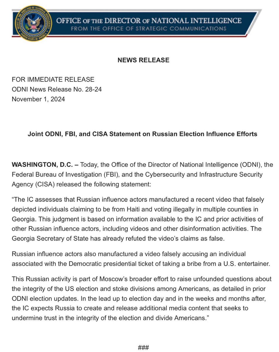 U.S. intelligence, the FBI, and CISA confirm Russian operatives are behind a fake video showing “Haitian migrants” voting multiple times in Georgia. This manufactured stunt is Moscow’s latest attempt to shred American trust in our elections and fuel division