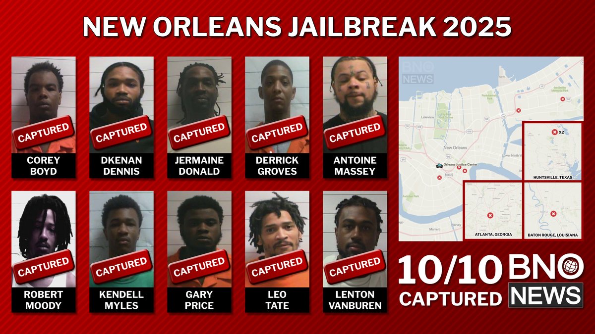 Derrick Groves arrested, ending search for all escapees tied to New Orleans prison break: Derrick Groves, the last of 10 inmates who escaped from New Orleans jail nearly 5 months ago, has been captured in Atlanta