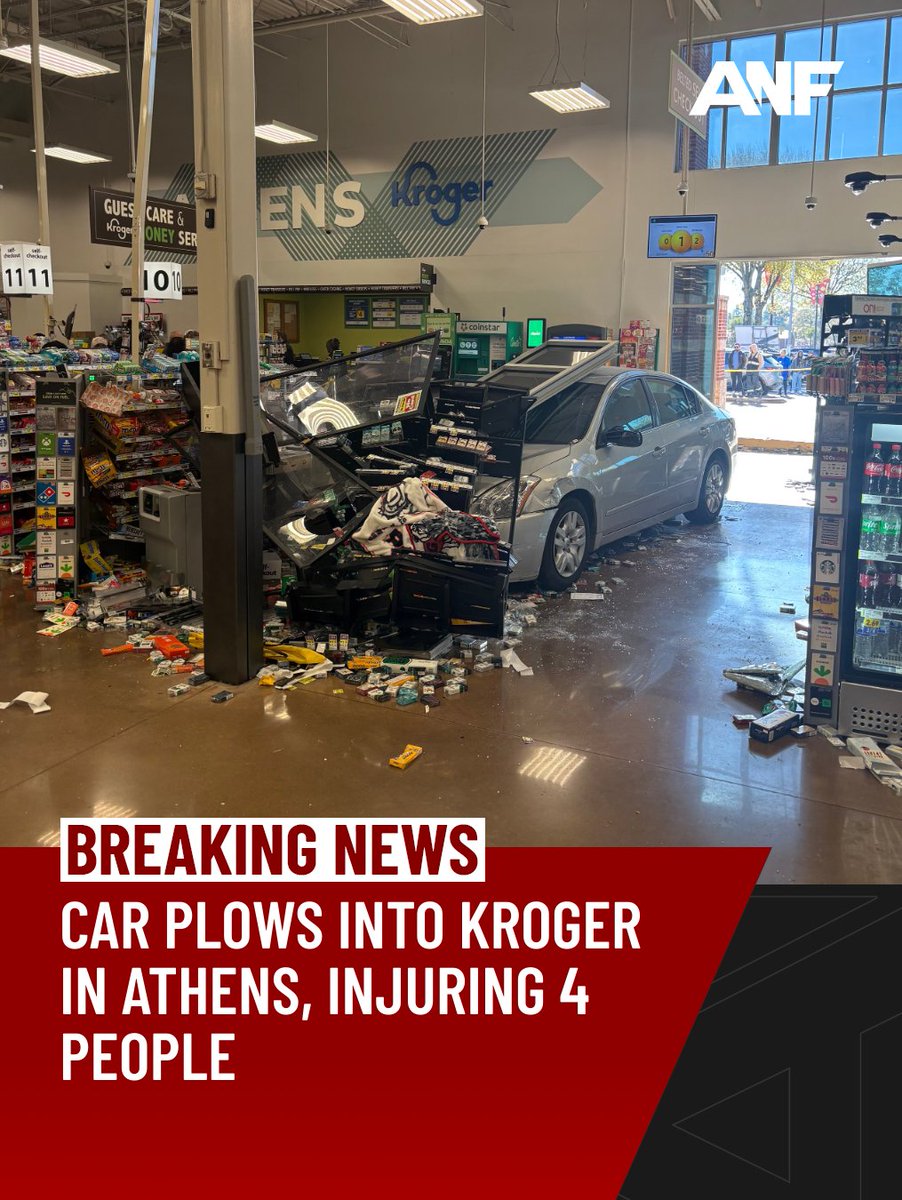 Four people were injured when a car crashed through a Kroger in Athens on Tuesday, according to police.