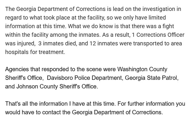 At least 3 inmates killed, 13 others injured, including a corrections officer and 12 inmates, after a fight broke out Sunday at a prison in Davisboro, Georgia, police chief tells
